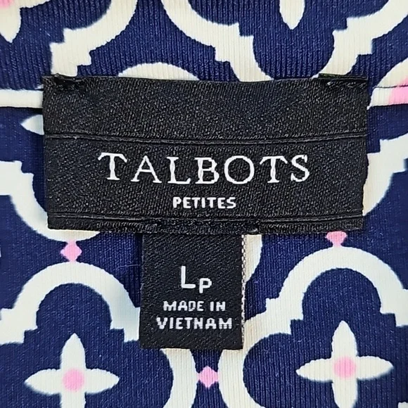 Talbots Navy & Pink Geometric Print Split Mockneck Short Sleeve Shift Dress - Picture 14 of 16